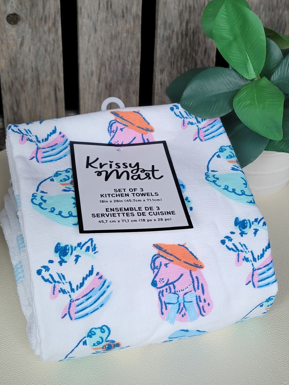 Krissy Mat Set of 3 Pink & Blue Dog Print Kitchen Towels